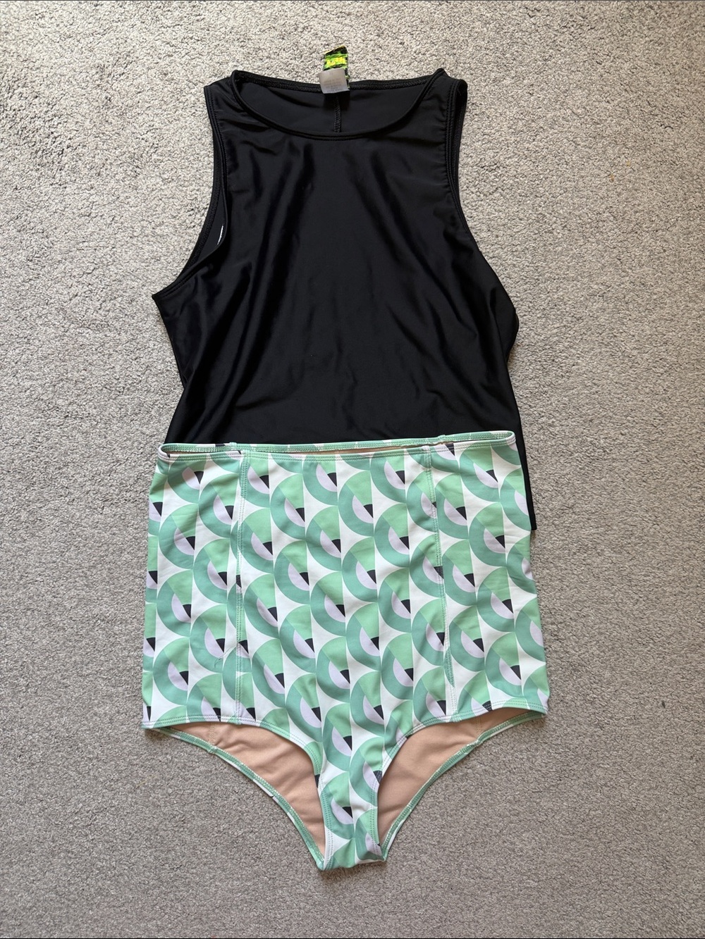 Kortni Jeane Black Open Back Top with Mint and Sage Green Geometric Bottoms